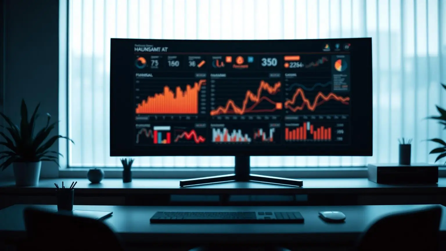 Skärm med finansiella dashboards i ett nordiskt kontorsrum i kvällsljus
