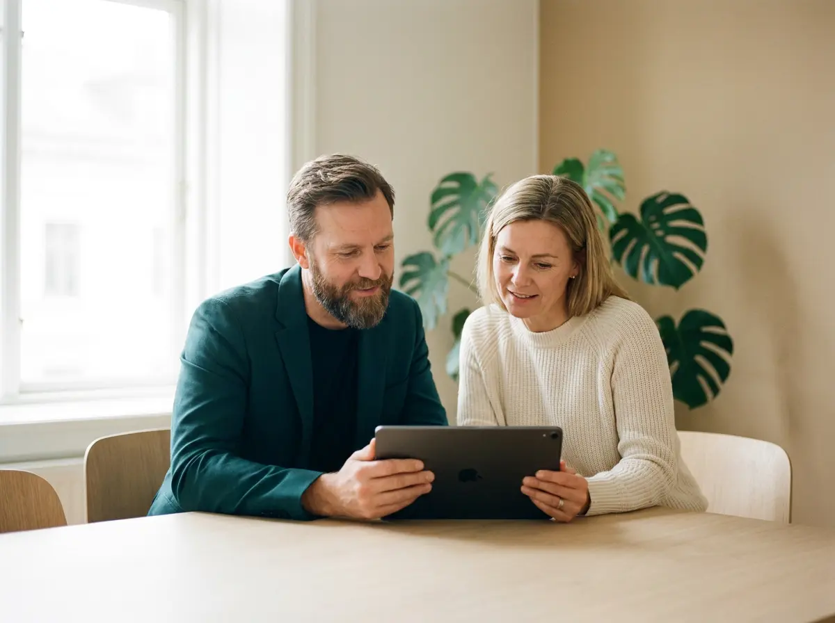 Rådgivare och kund går igenom nyckeltal på en tablet vid ett mötesbord