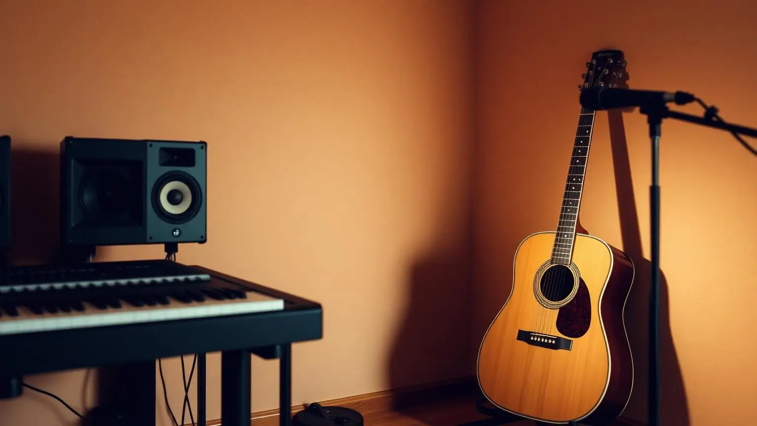 Musikstudio med akustisk gitarr, klaviatur och studiomonitorer